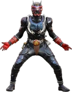 When Hibiki/Kamen Rider Hibiki (Kamen Rider Hibiki) uses Kigenjutsu Onibi, his helmet exposes a mouth to breathe a stream of purple fire.