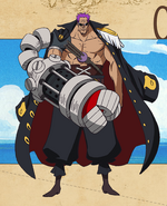 "Black Arm" Zephyr/Z (One Piece: Flim Z) possesses an incredible powerful prosthetic arm known as the Battle Smasher.