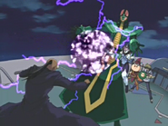 Jinzo (Yu-Gi-Oh!) using Cyber Energy Shock to electrocute Odion.