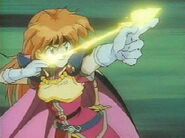 Lina Inverse (Slayers) performs her Flare Arrow spell.