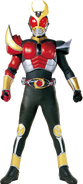 ...Flame Form is Agito's strong form that harnesses the power of flame through his right arm and grants him increased punching power and reflexes...