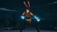 Velvet Scarlatina (RWBY) infuses hard light into her fists to replicate Ember Celica while mimicking Yang Xiao Long's fighting style.