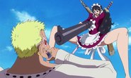 Baby 5 (One Piece) attacking Doflamingo.