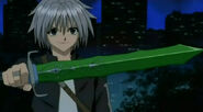 Haru Glory (Rave Master) wielding Runesave, which cannot cut physical objects, but can slice through magic and seal it.