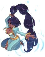 Thorani (Indivisible) uses water magic from her hair for healing, defensive, or even offensive purposes.