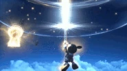 King Mickey (Kingdom Hearts) infuses his Keyblade with light, extending it into a massive blade.