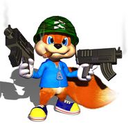 Conker the Squirrel (Conker) dual-wielding machine guns.