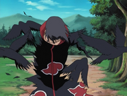 Itachi Uchiha (Naruto) using crows as a medium for his clones, which scatter when no longer needed.