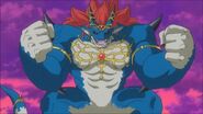 As part of his True Demon God transformation, Demigra's (Dragon Ball series) staff merges with him, visible as golden material and the crystal orb on his chest.