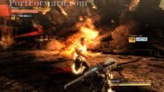 Senator Armstrong (Metal Gear Rising: Revengeance) attacking Raiden with a flaming punch.