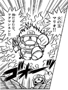 Mario (Super Mario-kun) becomes Hinotama Mario by absorbing three Fire Flowers at once and stacking their effects.