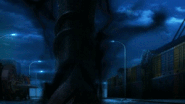 Berserker (Fate/Stay) using a light pole to fight King Arthur.