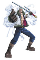 Smoker (One Piece) uses Nanashaku Jitte, a jitte with a Seastone tip that allows it to easily disable users of Devil Fruit powers.