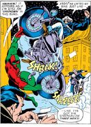 The 3-D Man (Marvel Comics) lifting a motorcycle with the strength of 3 men.
