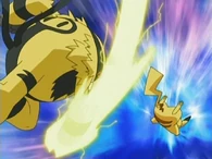 Electivire (Pokémon) delivers a powerful Thunder Punch to Pikachu.