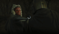 Din Djarin/Mando (Star Wars) is badass enough to block an onslaught of dual lightsabers strikes from Anakin Skywalker's pupil Ahsoka Tano.