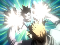 Genthru (Hunter x Hunter) using his Nen ability Little Flower, can induce explosions via contact with his palms.