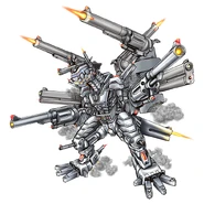 Gundramon's (Digimon) Gewaltschwärmer causes it to fire all its guns in all directions.