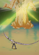 Kazuma Kuwabara (Yu Yu Hakusho) projecting a slash with his Dimension Sword to cut down Mitarai at a distance.