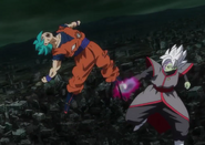 Fused Zamasu (Dragon Ball Super) crushes Goku's ankle while simultaneously using his ki to shock him.