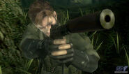 Naked Snake/Big Boss (Metal Gear) assumes the CQC fighting stance; a handgun in one hand and a combat knife in the other.