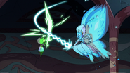 Queen Butterfly and a Toffee-possessed Ludo (right to left) (Star vs. the Forces of Evil) duel evenly with energy swords.