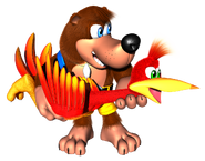 Using the Breegull Blaster, Banjo (Banjo-Kazooie) uses his bird friend Kazooie as a handheld egg-firing gun.