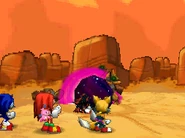 Shadow (Sonic the Hedgehog) using his Chaos Rift to open a space-time rift, and hurl it at the opponents to instantly kill them.
