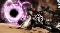 Ryu Hayabusa (Ninja Gaiden) manipulating gravity to use the Art of the Piercing Void, forming a defense-piercing black hole.