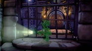 Gooigi's (Luigi's Mansion) gelatinous body grants him a degree of slime-based intangibility, allowing him to pass through metal bars.