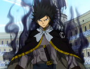 Rogue Cheney (Fairy Tail) surrounds himself in the energy of his Shadow Dragon Slayer Magic.