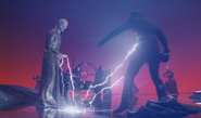 Snoke (Star Wars) using Force Lightning to subdue Kylo Ren.