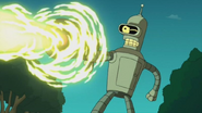 Bender Bending Rodríguez (Futurama) wielding the Planetary Annihilator, which fires a deadly beam with an ever expanding diameter that annihilates all matter.