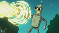 The Planetary Annihilator (Futurama) fires an intense energy beam that incinerates anything it touches and increases in diameter as it travels further.
