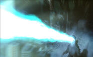 Using his Atomic Breath, Godzilla (Godzilla) projects a beam of pure radiation from his mouth.