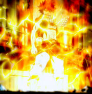 Natsu Dragneel (Fairy Tail) surrounding himself in an aura of fire and electricity.