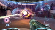 A Warrior Ing (Metroid Prime 2: Echoes) attacks Samus with a beam of transdimensional energy.