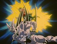 Omega Shenron (Dragon Ball GT) infuses his back spikes with electricity using the Dragon Thunder attack.