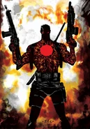 Having been infused with an A.I driven nanoactive plasma, Bloodshot (Valiant Comics) boasts many incredulous abilities, key among them being his uncanny capacity for self-repair.