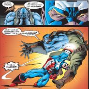 Steve Rogers/Captain America (Marvel Comics) successfully gut-punches an enhanced Kree warrior.