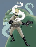 After his body was destroyed, Johann Kraus' (Hellboy/BPRD) mind and consciousness remained as an ectoplasmic entity, surviving through a special containment suit.