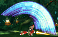 Zero (Mega Man X8) using Heavy Wave Slash, a gravity-charged blade, capable of bypassing any shields.