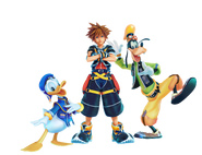 Sora, Donald and Goofy (Kingdom Hearts) work together as friends.