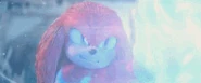 Knuckles the Echidna (Sonic the Hedgehog) anchors himself to stop a Spin Attack from Sonic.