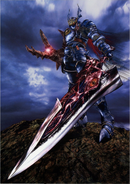 After touching the demonic sword Soul Edge, Siegfried Schtauffen (Soul series) became its unwilling host. The sword fed on Siegfried's guilty of killing his father, warping his mind until he succumbed to the sword's power, transforming him into the Azure Knight, Nightmare.