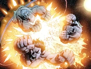 With Space Racer's Ray Gun acting as the catalyst, Thaedus, Omni-Man, and Invincible (Image Comics/Invincible) destroy their dead ancestorial home planet of Viltrum by combining their might.