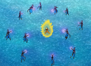 Beerus (Dragon Ball) creates twelve duplicates of himself to attack Goku.