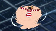 Monkey D. Luffy (One Piece) rapidly spinning his legs to perform the Gum Gum UFO...