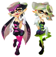 Callie (Splatoon, left) can change the tinge on the ends of her tentacle "bangs" to match the team she is rooting for during Splatfest.