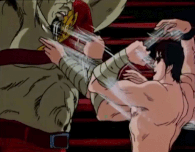 Kenshirō (Fist of the North Star) using the Hokuto Hundred Crack Fist to land up to 100 punches in a matter of seconds upon every one of his opponent's Keiraku Hikou pressure points, causing the opponent to physically explode.